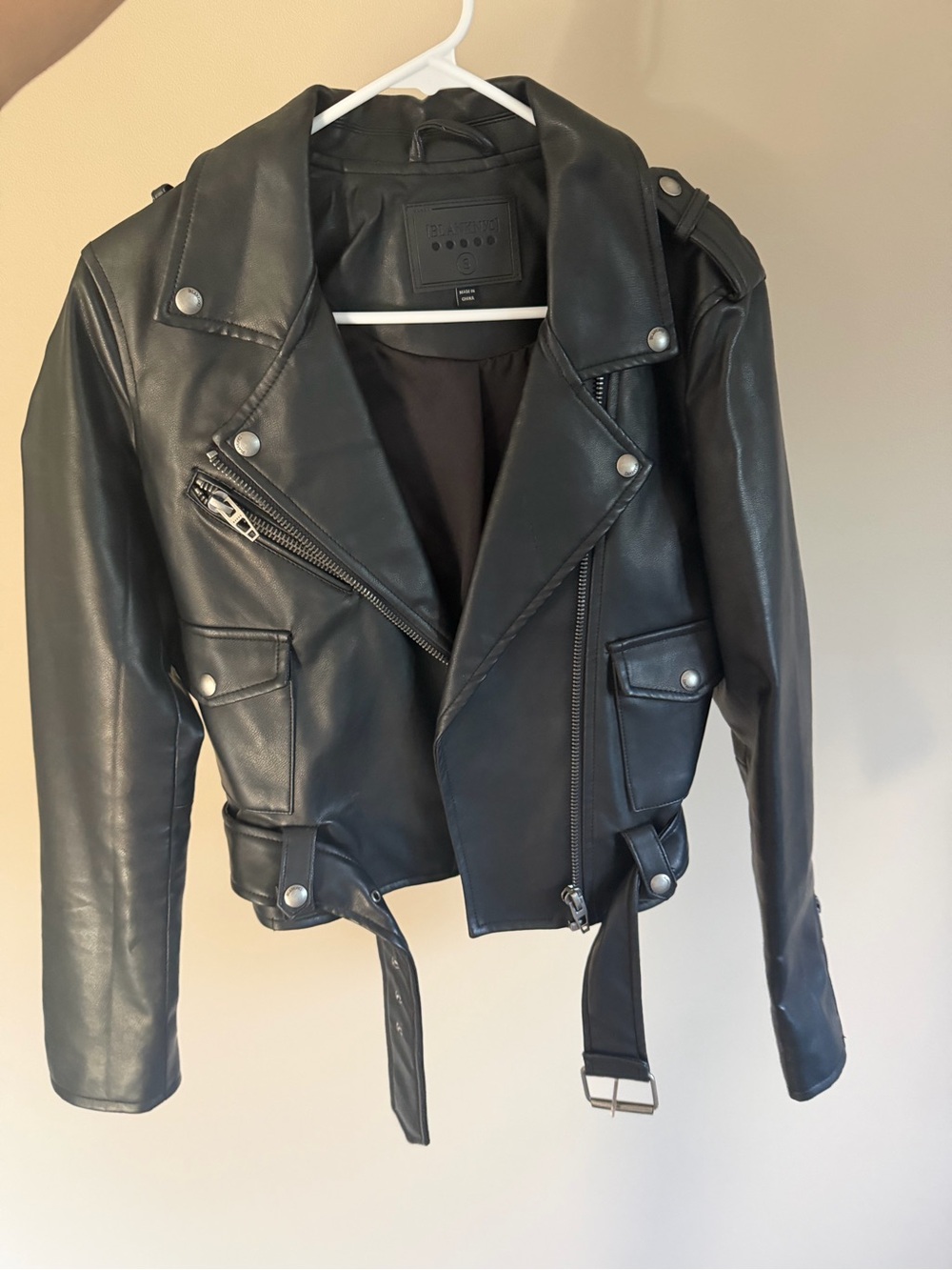 Blank NYC Black Faux Leather Biker Jacket with Snap Collar